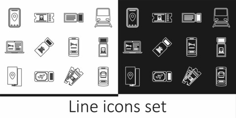 Fototapeta premium Set line Online car sharing, Train ticket, Ticket, Museum, hotel booking, Infographic of city map, and icon. Vector