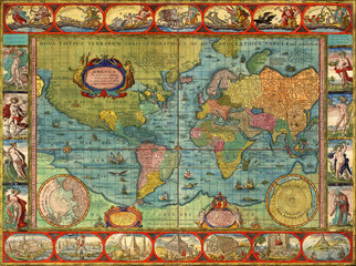 Antique World Map 1649. Raster retro illustration.