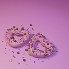 pink soap bubbles - two glazed donuts with heart shaped colorful sprinkles on pink background - sweet confession - happy valentine's day - 3d render illustration