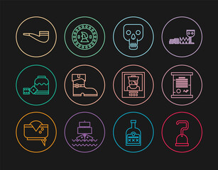 Set line Pirate hook, Decree, parchment, scroll, Skull, Leather pirate boots, game dice, Smoking pipe, Wanted poster and coin icon. Vector