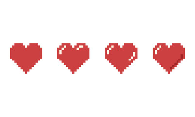 Set of cute cartoon hearts. Pixel art vector illustration. Retro computer screen design concept. Simple shape and colors. Love and Valentine day symbol