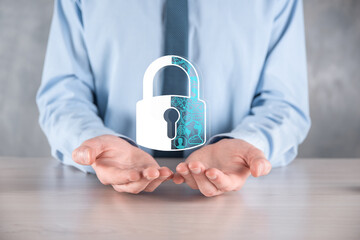 Cyber security network. Padlock icon and internet technology networking. Businessman protecting...