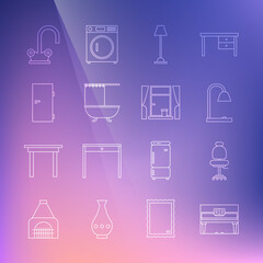 Set line Grand piano, Office chair, Table lamp, Floor, Bathtub with shower curtain, Closed door, Water tap and Window curtains icon. Vector