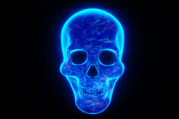 Medical poster anatomy of the human skull, the image of the bones is a hologram or x-ray. halloween Copy space, 3d illustration, 3d render.