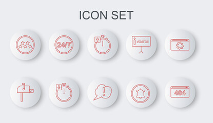Set line Page with a 404 error, Open mail box, Stopwatch, Button chat notification, Five stars rating review, Clock 24 hours, and Speech bubble Exclamation icon. Vector