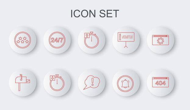 Set line Page with a 404 error, Open mail box, Stopwatch, Button chat notification, Five stars rating review, Clock 24 hours, and Speech bubble Exclamation icon. Vector