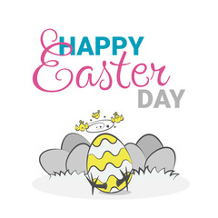 Funny hatched egg feels dizzy, cute little chicks fly around its head. Happy Easter Day card concept with place for text. Spring template for traditional event. Flat design vector illustration