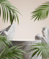 stone podium with palm leaves on summer concept for product display