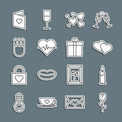 Set line Flower rose, Burning candle, Heart, rate, Quiver arrows with heart, Valentines day flyer and Gift box icon. Vector