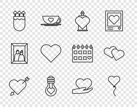 Set line Amour with heart and arrow, Balloon in form of, Bottle love potion, Heart shape light bulb, Quiver arrows, hand and icon. Vector