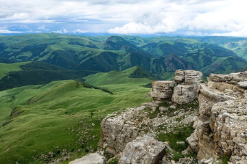 View of the mountains and the Bermamyt plateau in the Karachay-Cherkess Republic, Russia.