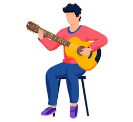 Musician playing on guitar sings song isolated character. Guitarist holding string acoustic instrument, enjoys music. Talented musician performing on stage with stringed instrument. Hobby or concert