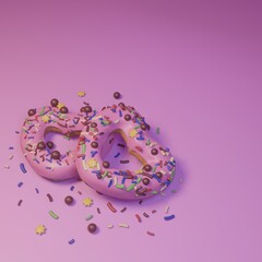 two glazed donuts with colorful sprinkles in the form of hearts on a pink background - sweet yummy - happy valentine's day - 3d render illustration