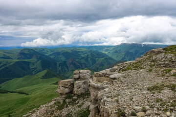 Fototapeta na wymiar View of the mountains and the Bermamyt plateau in the Karachay-Cherkess Republic, Russia.