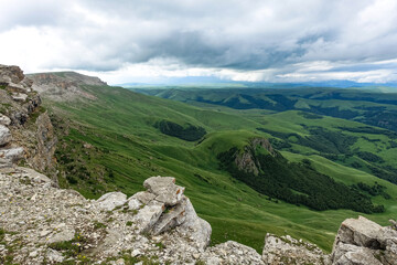 View of the mountains and the Bermamyt plateau in the Karachay-Cherkess Republic, Russia.