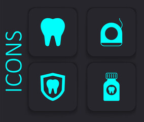 Set Toothache painkiller tablet, Dental floss and protection icon. Black square button. Vector