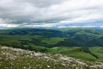 View of the mountains and the Bermamyt plateau in the Karachay-Cherkess Republic, Russia.