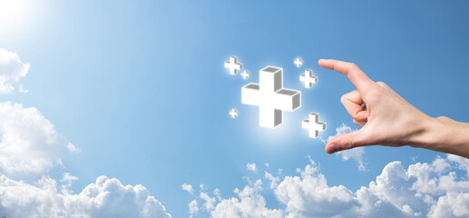 Hand hold 3D plus icon, man hold in hand offer positive thing such as profit, benefits,...