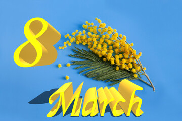 Design of a postcard for International Women's Day. Yellow mimosa flowers and the inscription March 8 in English