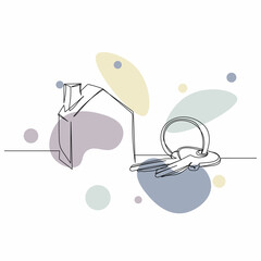 Continuous one simple single abstract line drawing of key and house in silhouette on a white background. Linear stylized.