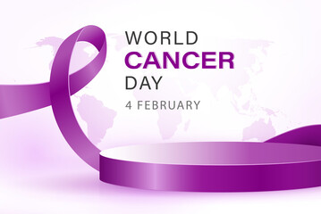 Purple podium mock up with awareness ribbon decoration in background for world cancer day on 4th of February