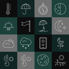 Set line Drought, Rooster weather vane, Moon and stars, Compass, Meteorology windsock wind, Sunrise, thermometer and protective umbrella for beach icon. Vector
