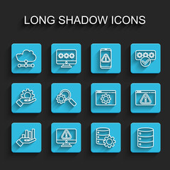 Set line Pie chart infographic, Monitor with exclamation mark, Network cloud connection, Server and gear, Server, Data, Web Hosting, Magnifying glass, Browser and setting icon. Vector