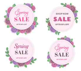 Set of pink spring sale background with beautiful flora. Frame, flower, foliage for banner, flyer, promotion poster, invitation, advertising template. Special offer concept. Vector illustration.
