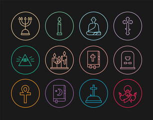 Set line Jesus Christ, Tombstone with RIP written, Buddhist monk, Burning candles, Masons, Hanukkah menorah, Holy bible book and icon. Vector