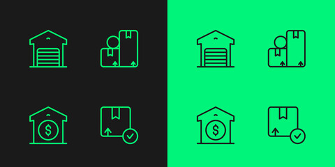 Set line Carton cardboard box, Warehouse price, and icon. Vector