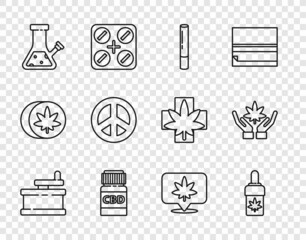 Set line Manual grinder, Marijuana or cannabis olive oil, joint, Medical bottle with, Glass bong for smoking, Peace, Location and and leaf icon. Vector
