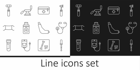 Set line Pipette, Stethoscope, First aid kit, Organ container, Medical protective mask, Neurology reflex hammer, Inhaler and dental chair icon. Vector