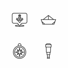 Set line Spyglass telescope lens, Compass, Anchor and Folded paper boat icon. Vector