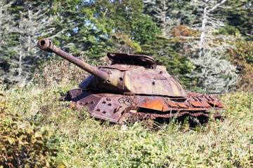 Old rusty soviet tank. Kunashir Island. Southern Kuriles