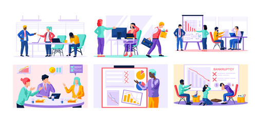 Fototapeta premium Depressed people suffer from bankruptcy of enterprise. Set of illustrations about company ruin, business failure and finance crisis. Colleagues scared of business disruption, decrease in profit