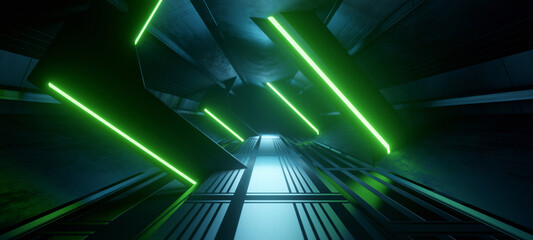 Alien Alien Hangar Tunnel Futuristic Hallway Cyberpunk Dim Lighting with Black Colors Digital Futurism Concept 3D Illustration © lumerb