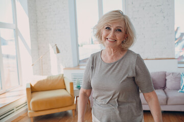 Elderly caucasian old aged 60 year old granny portrait gray haired positive smiling stand indoors