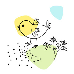 Cute Easter Chicken as design elements for Greeting cards. Hand drawn cartoon style. Colorful Vector illustration on abstract blobs background. 