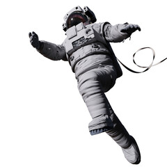 astronaut with safety tether in outer space, isolated on white background 