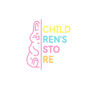 A poster for a children's clothing store with a picture of a rabbit and text. Linear illustration in a flat style.
