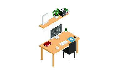 Workplace isometric illustration. Computer, smartphone, home plants, coffee cup. Flat illustration isolated on white background