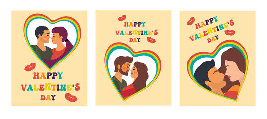 Happy Valentine's Day retro 70s poster set with kissing couple in love. World Kiss Day. Abstract modern hippie illustration of love. Vector