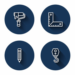 Fototapeta premium Set line Paint roller brush, Corner ruler, Pencil with eraser and Crane hook with long shadow. Blue circle button. Vector
