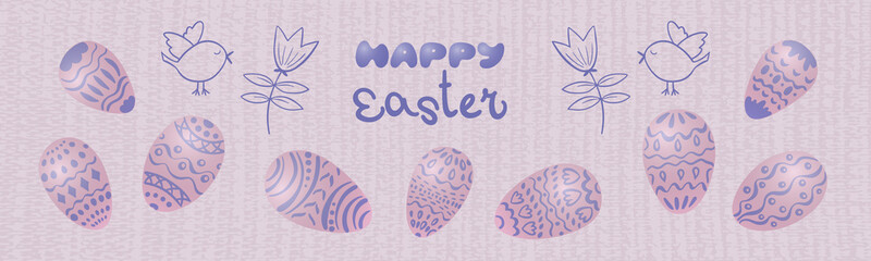 Textured horizontal banner with Easter eggs 3d. Eggs painted with patterns on a pink background with the inscription Happy Easter. Vector illustration.