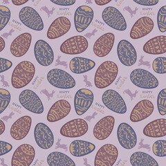 Easter seamless pattern. Purple and burgundy eggs painted with patterns on a lilac background, rabbits and Happy Easter inscriptions. For Easter cards, banners, textiles, wallpaper. Vector