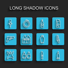 Set line Bear skin, Binoculars, Torch flame, Hunter knife, Bullet, Hunting jacket, Shotgun and Canteen water bottle icon. Vector