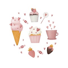 Digital hand-drawn Valentine's Day elements: hearts, twigs, gifts, garland, candy, cakes, ice cream. Set isolated on white background. Sticker cartoon style