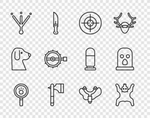 Set line Paw search, Bear skin, Target sport, Wooden axe, Bird footprint, Trap hunting, Slingshot and Balaclava icon. Vector