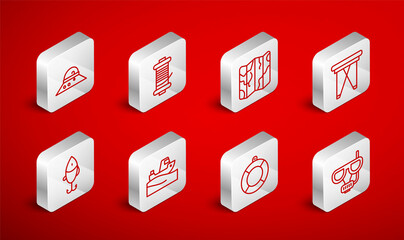 Set line Diving mask and snorkel, Spinning reel for fishing, Folded map, Folding chair, Lifebuoy, Fisherman hat, Fishing boat on water and lure icon. Vector