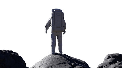 astronaut standing on rocks, spaceman isolated on white background © dottedyeti